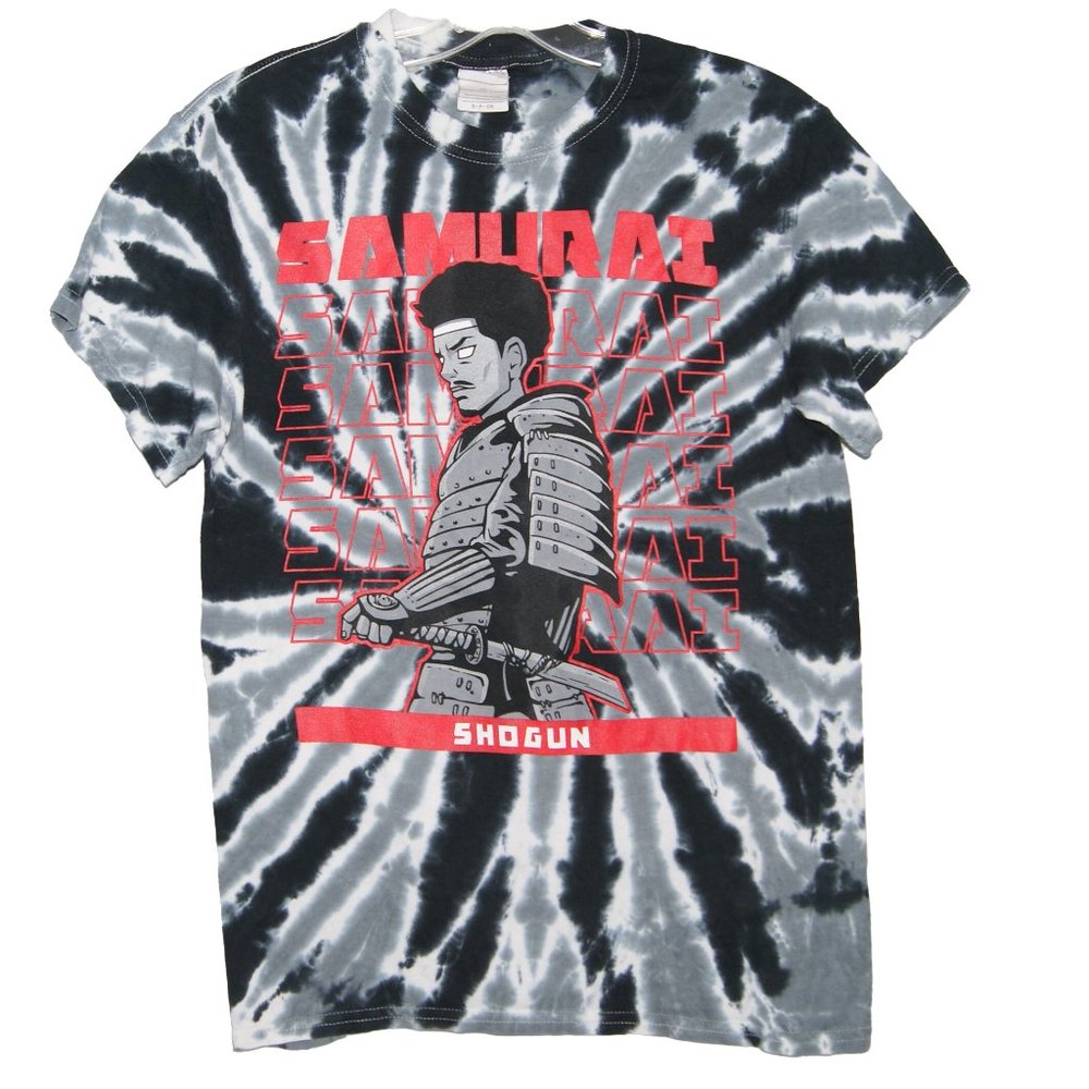 Samurai Shogun Grey Scale Tye Dye Graphic Tee Mens Small 100% Cotton